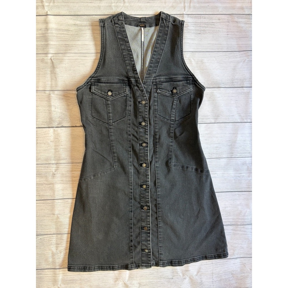 Free People Wandering Star Mini Dress Womens 2 Black Denim Button Front OB822150